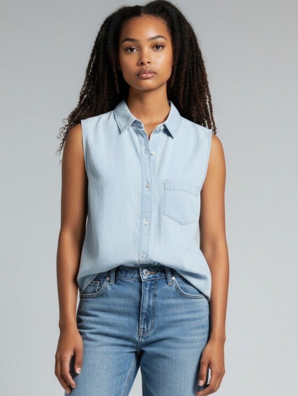 GAP Light Blue Chambray Sleeveless Button-Down Shirt